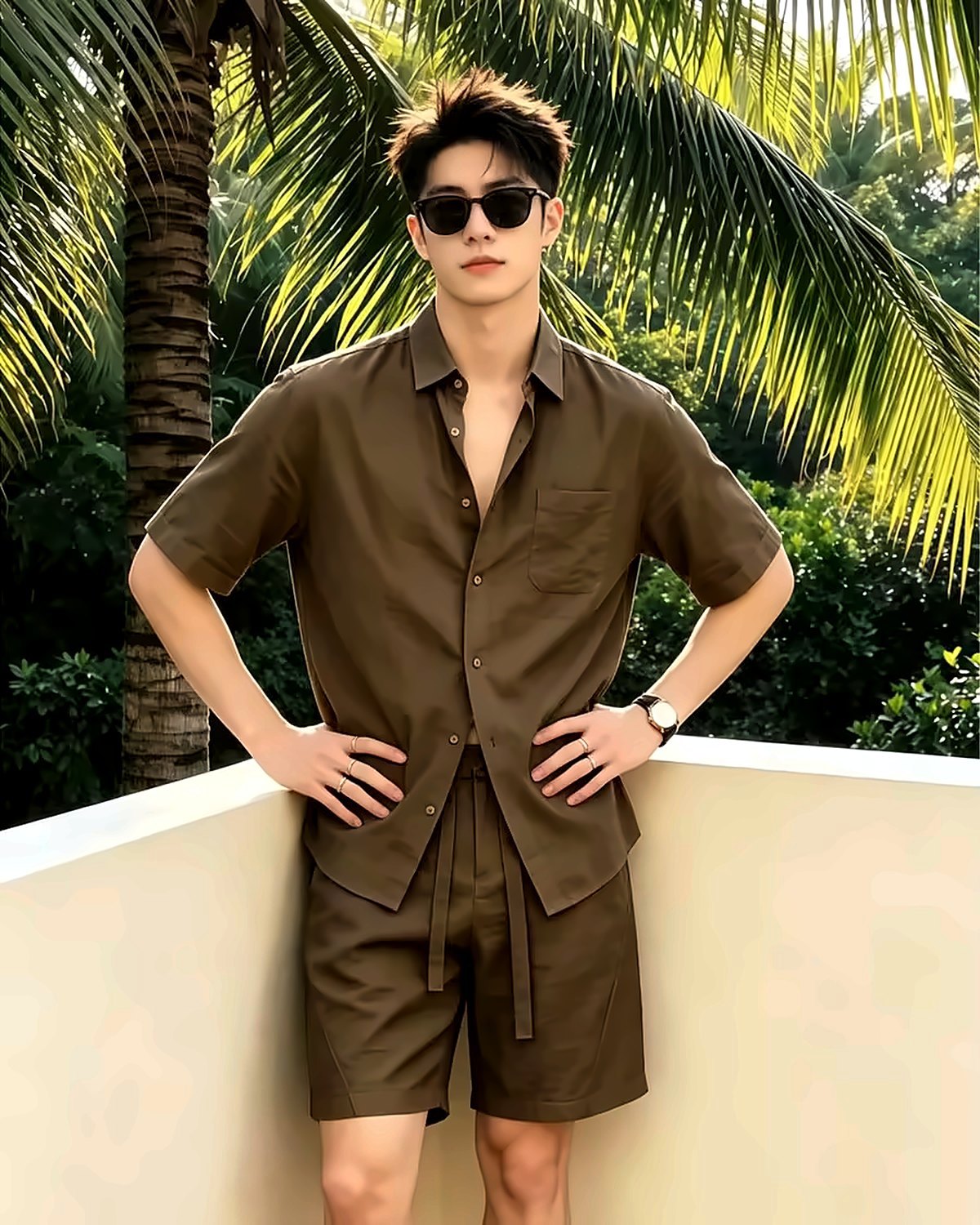 Ensemble chemise et short brun olive